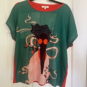 Beautiful print of black Women Graphic Short Sleeve Tee - Green and Orange